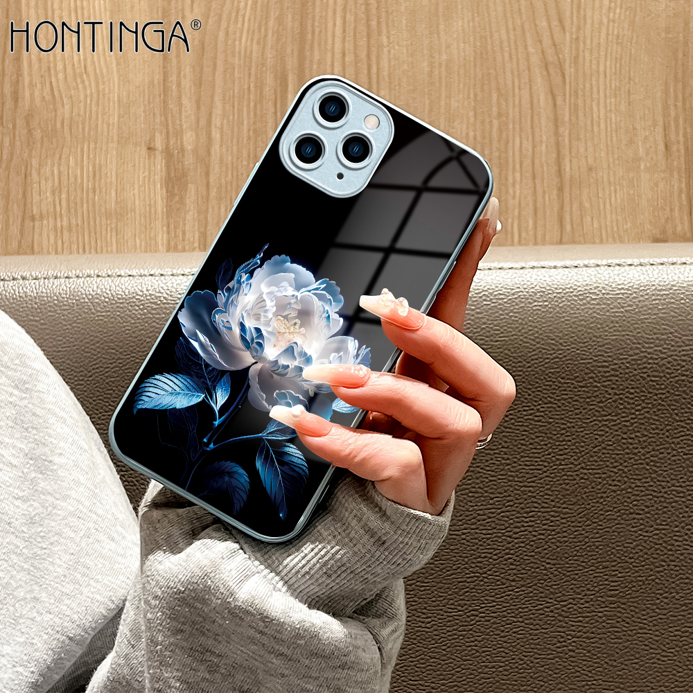 Hontinga for iPhone 11 12 13 14 15 Pro Max X XS Max XR 6 6s 7 8 Plus SE 2020 2022 Back Cover Luxury Tempered Metallic Lacquer Glass Phone Case White Peony Flower Pattern Cover