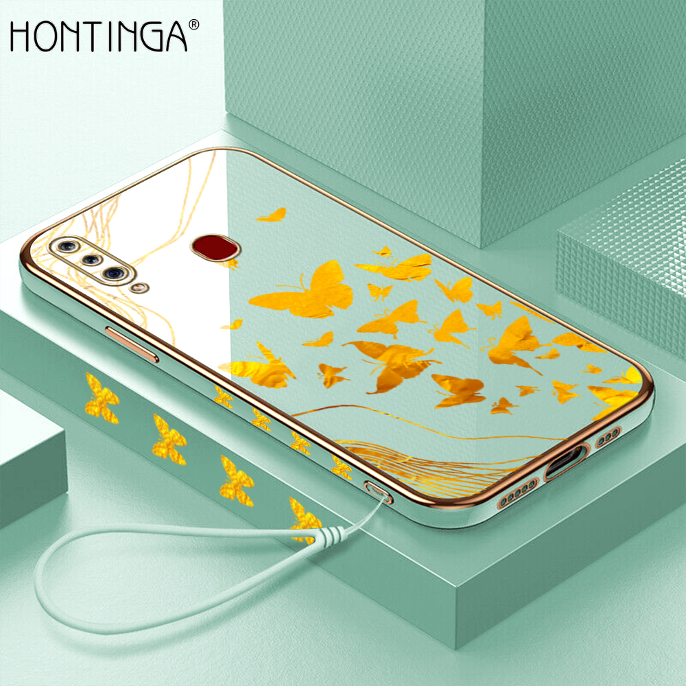 Hontinga for Samsung Galaxy A20S Back Cover With Lanyard Luxury 6D Plating Shiny Golden Butterfly Case Soft Silicone Square Mobile Cover