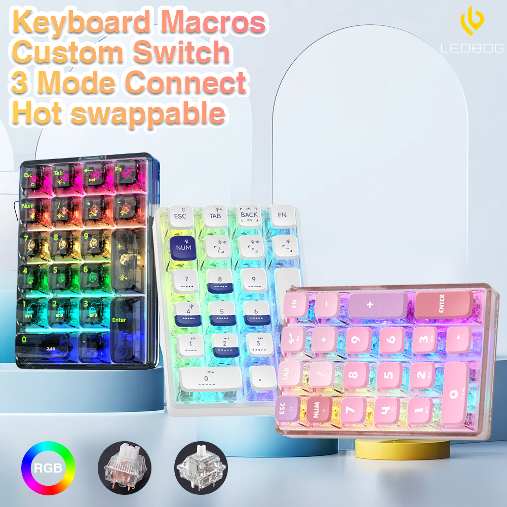 LEOBOG K21 Number Pad Bluetooth Mechanical Numeric Keyboard RGB 21Keys Transparent Photoshop Accounting Numpad Gaming Keyboard