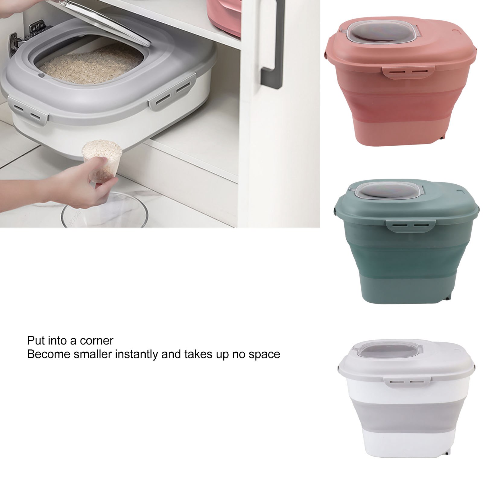 Rice Food Storage Container Large Collapsible Food Storage Container with Measuring Cup Rolling Wheel. 