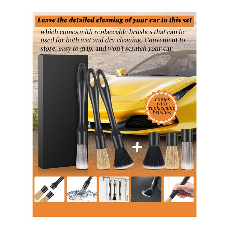 6Pcs Auto Car Detailing Brush Set Includes 3 Car Detailing Brushes and 3 Replacement Brush Head for Seats, Tires Ect. Durable Easy Install Easy to Use. 