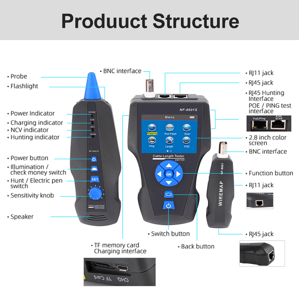 NOYAFA NF-8601S Cable Tester with PoE/PING Function Lan Measure Tester Measure Length Wiremap Tester Network Cable Tracker. 