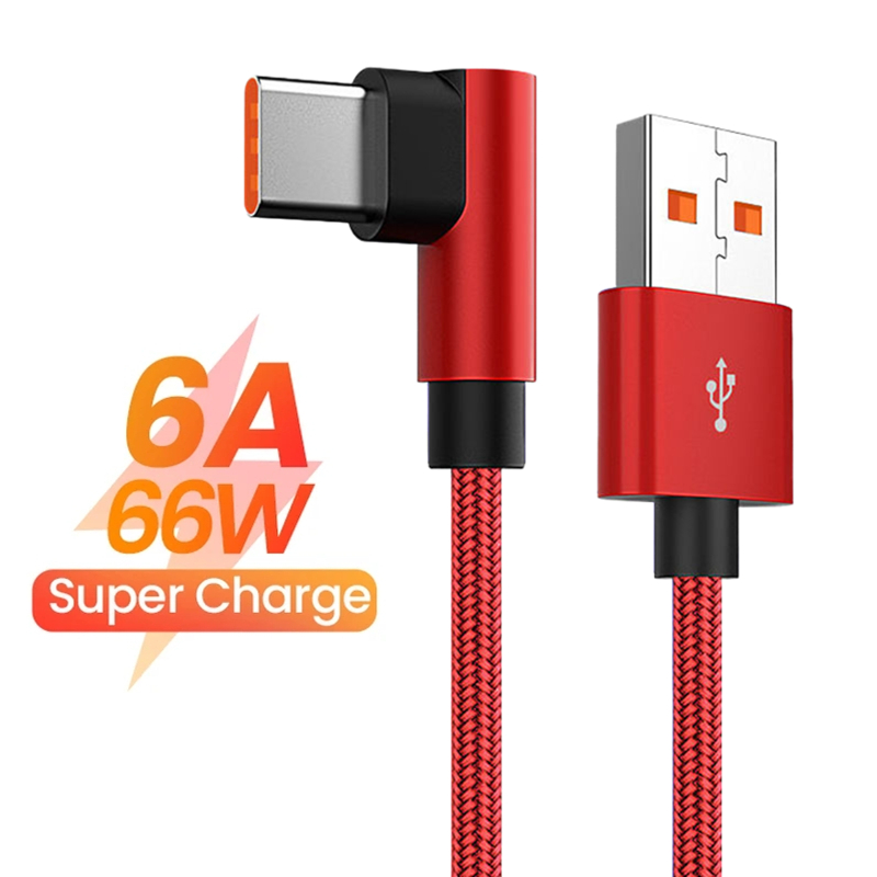 게임용 C타입 USB 고속 충전 케이블, 화웨이 샤오미 14 레드미 아너 OPPO 리얼미 POCO 90 도 엘보 충전기 케이블, 6A 66W. 