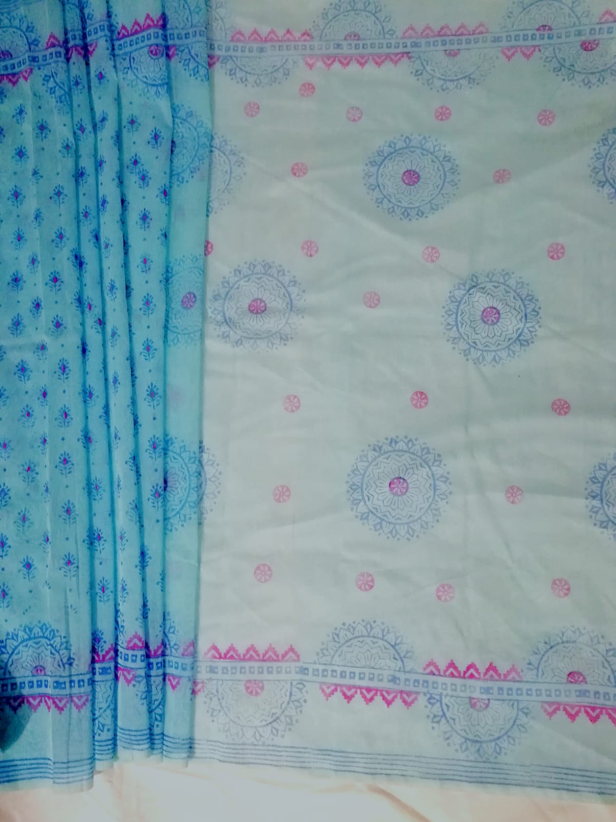 Indispensable -Quality And Durablity -Sky blue color block printed half silk saree - Sari- Innovative Preferble - Low Hassle and Maintanance. 