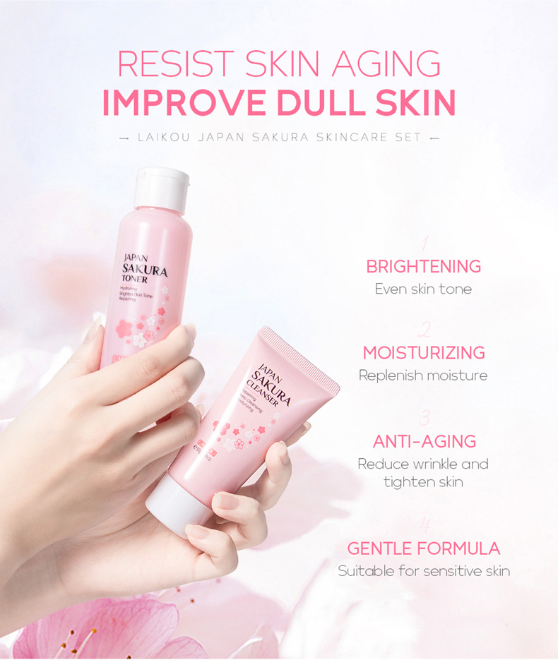 LAIKOU Face Serum Cleanser Lotion Toner Cream Japan Sakura Skin Care Set 6pcs