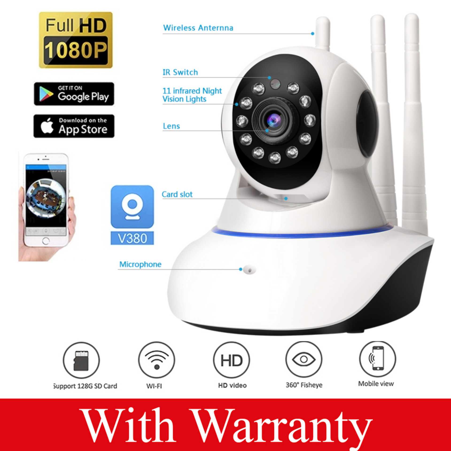 V380 WIFI IP Camera 2MP 1080P HD Q5Y Featuring 360-degree View Two Way Voice, and 3 Antenna Technology. 