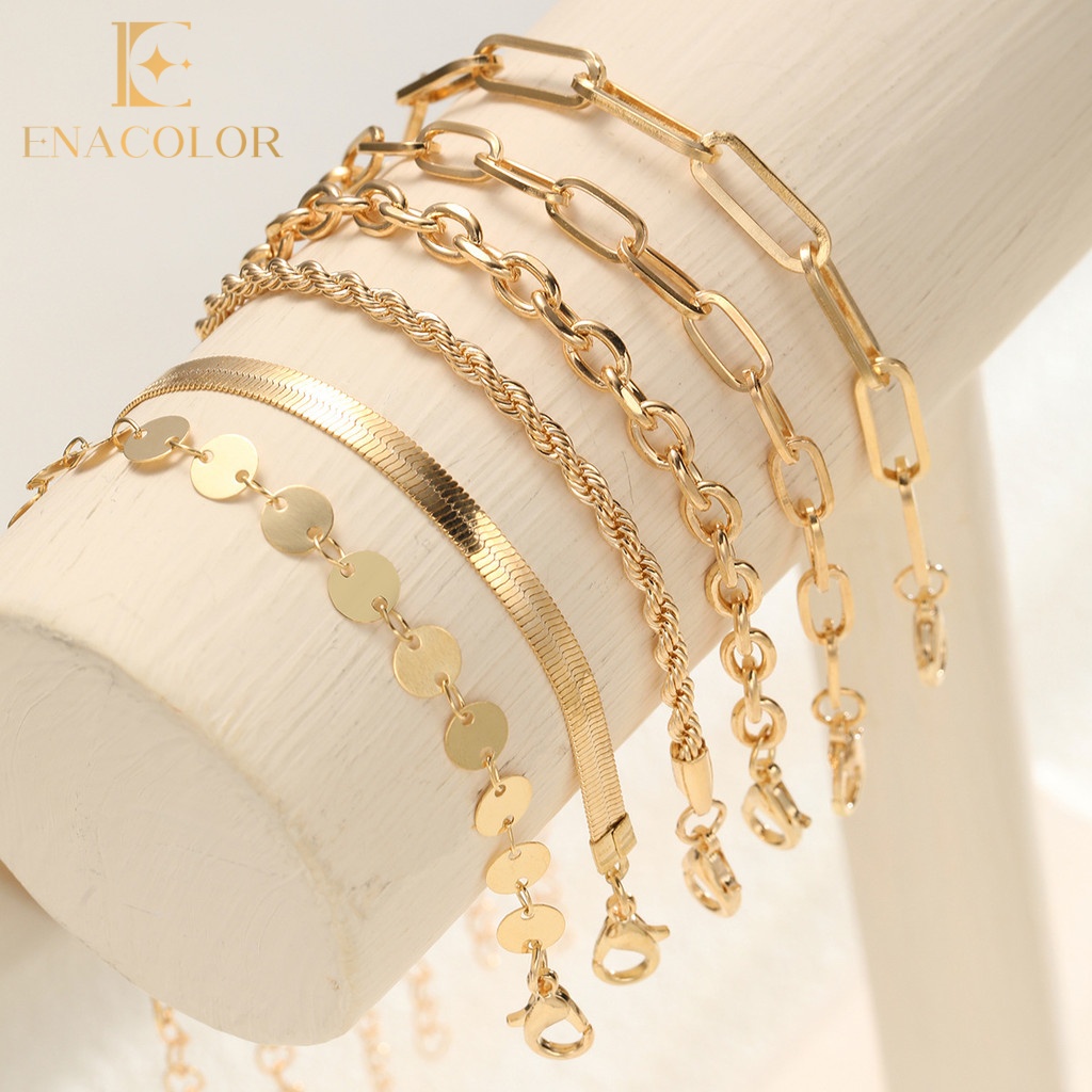 Enacolor 6Pcs/Set Elegant Women Male Gold Metal Wafer Snake Bone Chain Bracelet Set Jewelry New