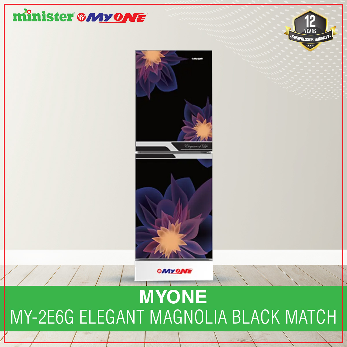 MYONE Refrigerator MY-2E6G ELEGANT MAGNOLIA BLACK MATCH-256 litter. 