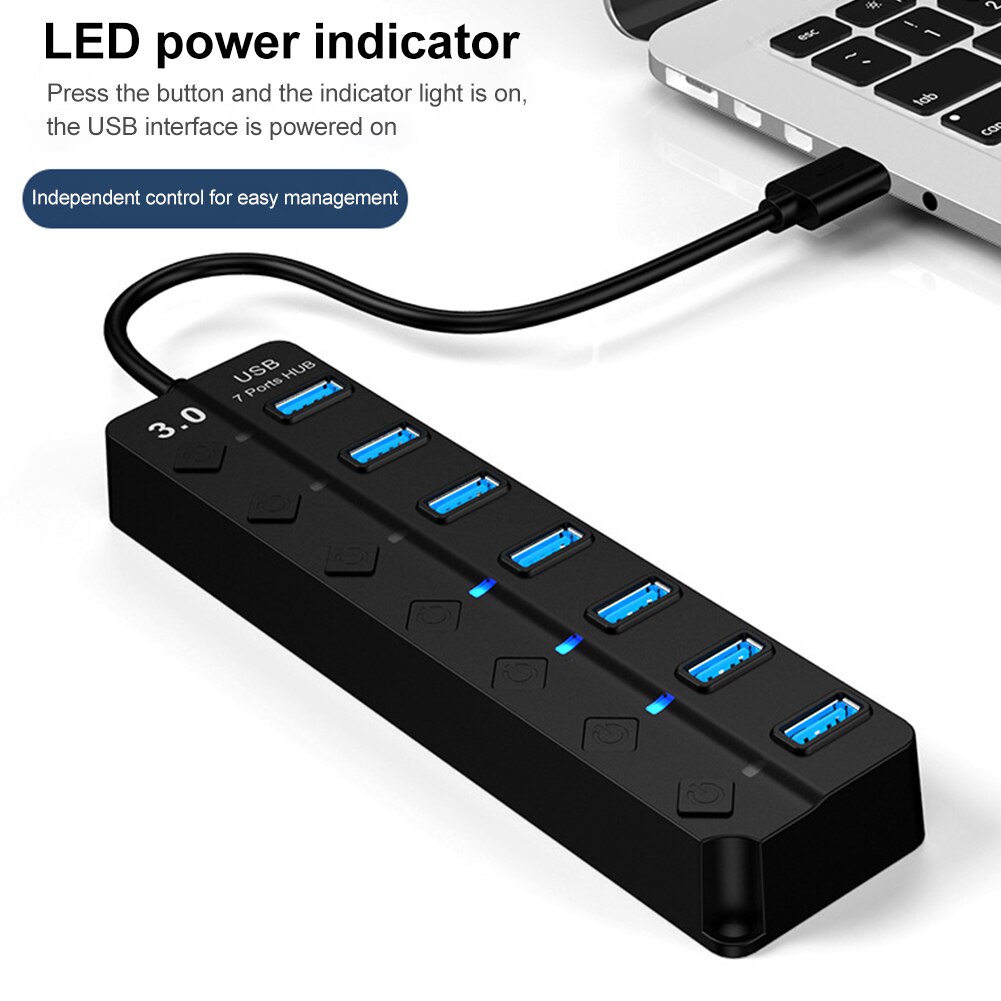 【VisioN Shop】Easy Use Computer Accessories USB Hub 3.0 5Gbps High Speed 7 Port For Laptop Adapter With Individual Switch. 