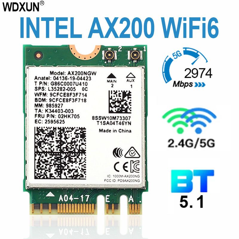 Intel AX200 NGW 802.11ax/ac MU-MIMO 2x2 Wifi module NGFF M.2 Bluetooth 5.1 Network Card  Dual band 2.4Gbps Intel Wi-Fi 6E AX200. 