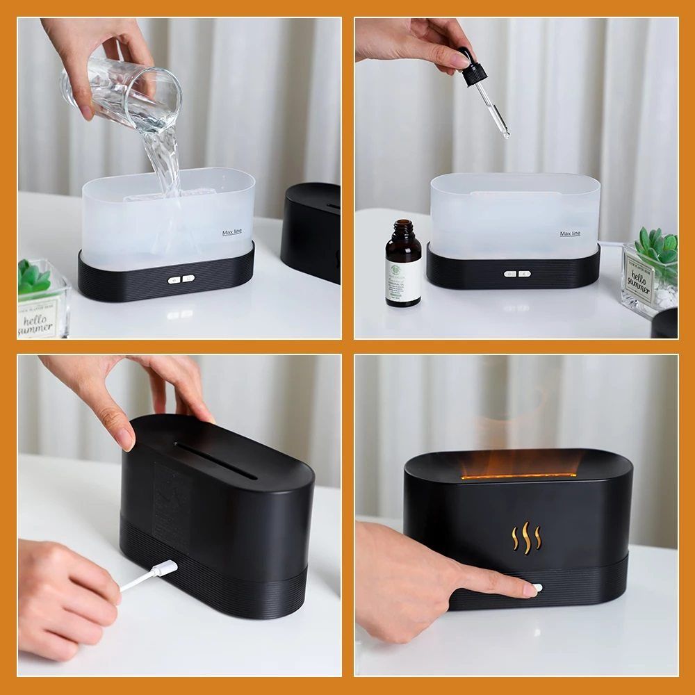 DQ701 Flame Effect Air Humidifier. Oil Fragrance Aromatherapy Diffuser with Night Light. (Black & White Color). 