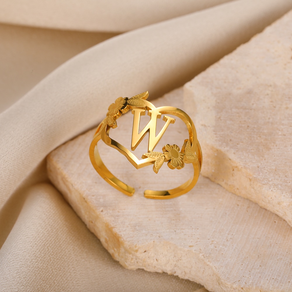 Initial Ring Design M Ring Gold Foliage Signature Nature Inspired