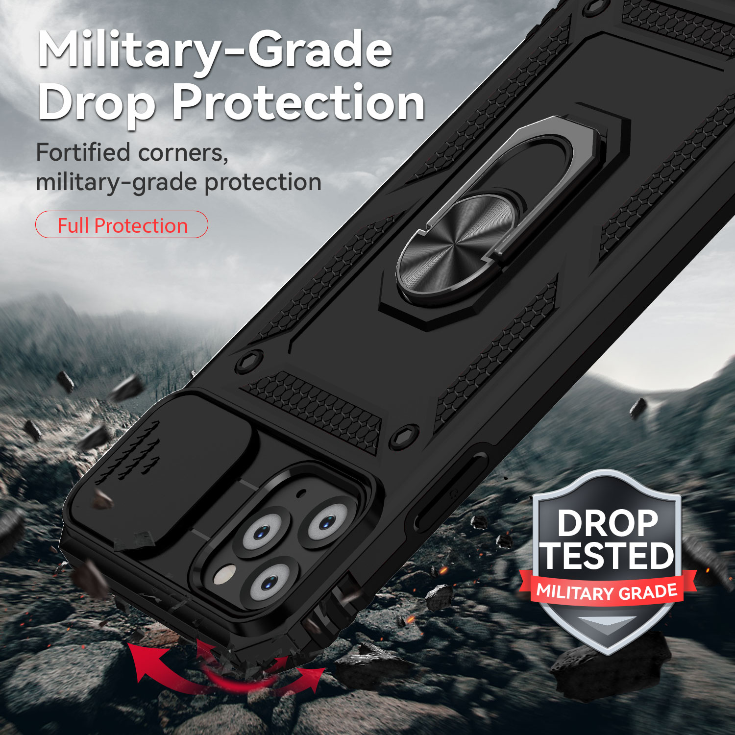 For iPhone 11 Pro Case with Slide Camera Cover, 360° Ring Holder Metal Kickstand, work for Phone Holder Car Mount, Drop Peep Protection. 