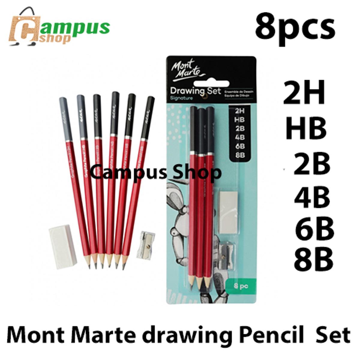 Mont Marte  6 Pcs graphite pencils - 2H, HB, 2B, 4B, 6B and 8B,Eraser And Metal Sharpener Drawing Set  Of 8 Pcs