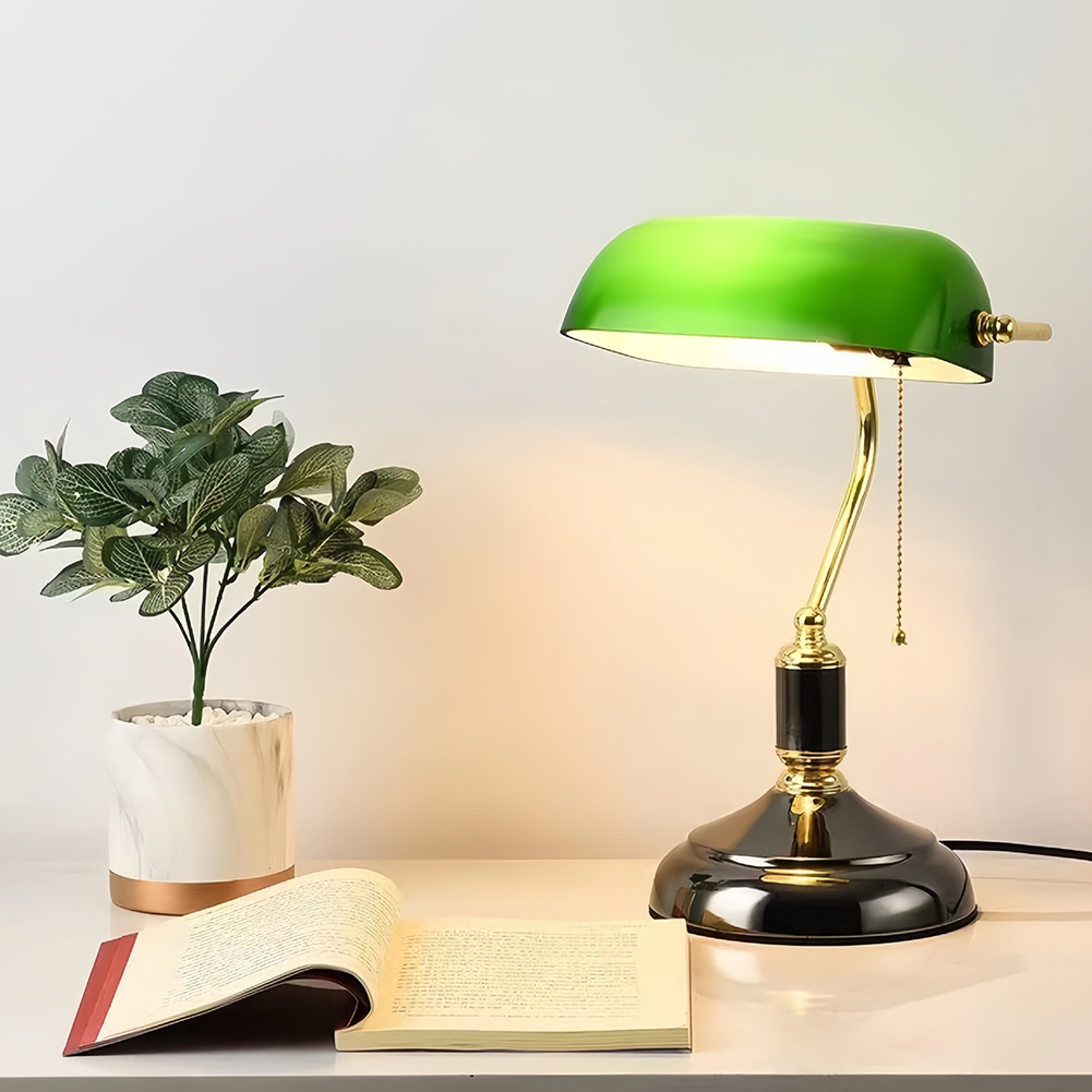 GC Vintage Desk Lamp Green Glass Antique Table Lights With Brass Base Wireless Rechargeable Pull Chain Traditional Library Lamp. 