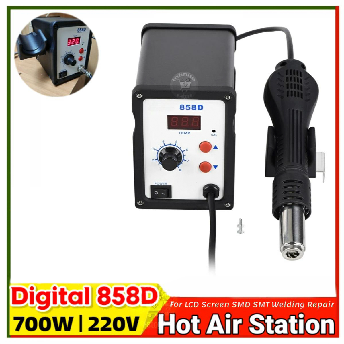 858D SMD Brushless Heat Gun Hot Air Rework Soldering Station 700W 220V Multifunction SMD/SMT Rework station with LED Temperature Display replace BK-858A 878D 878D+