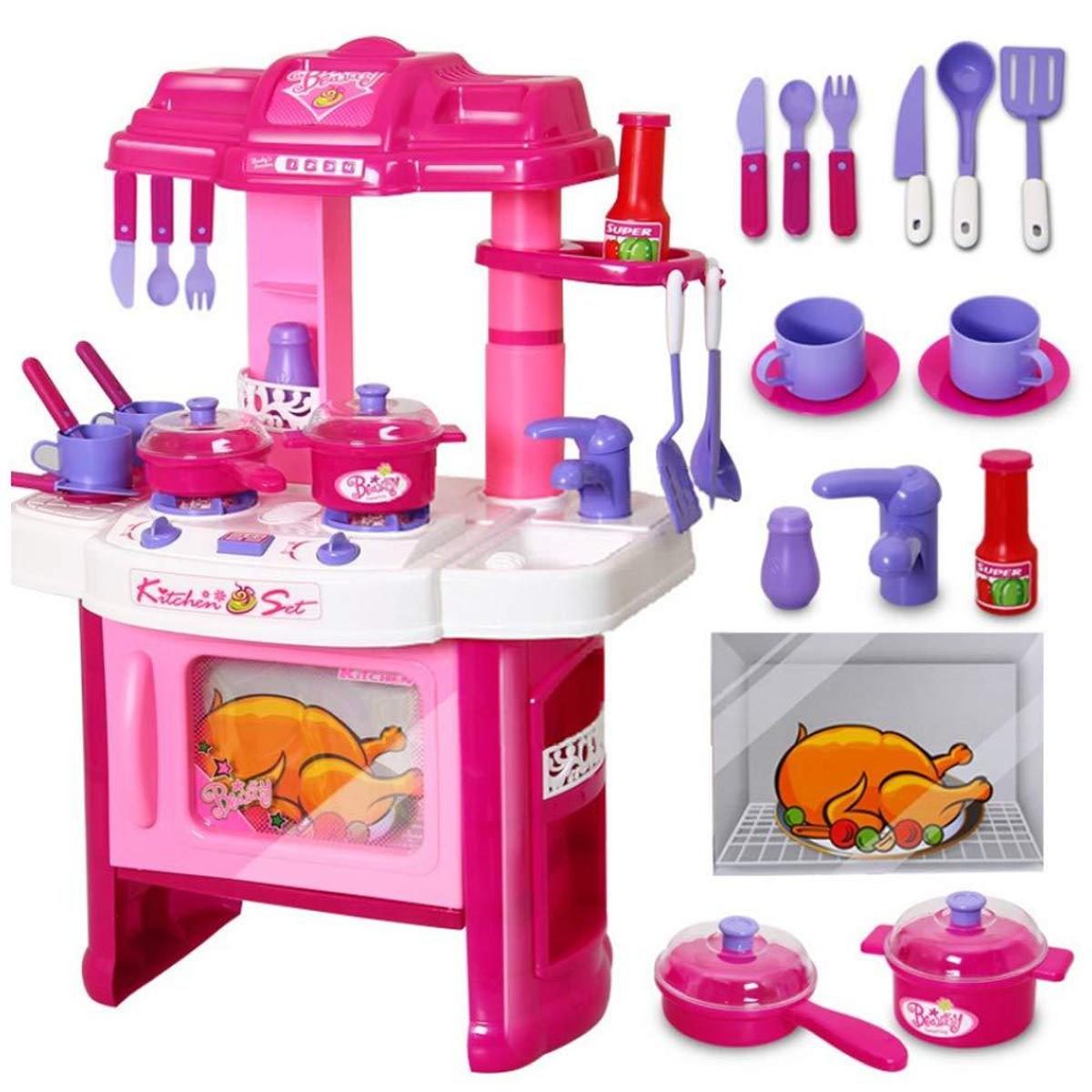 Kids Electronic Pretend Play Kitchen Cooker Set Pink 29 Pcs