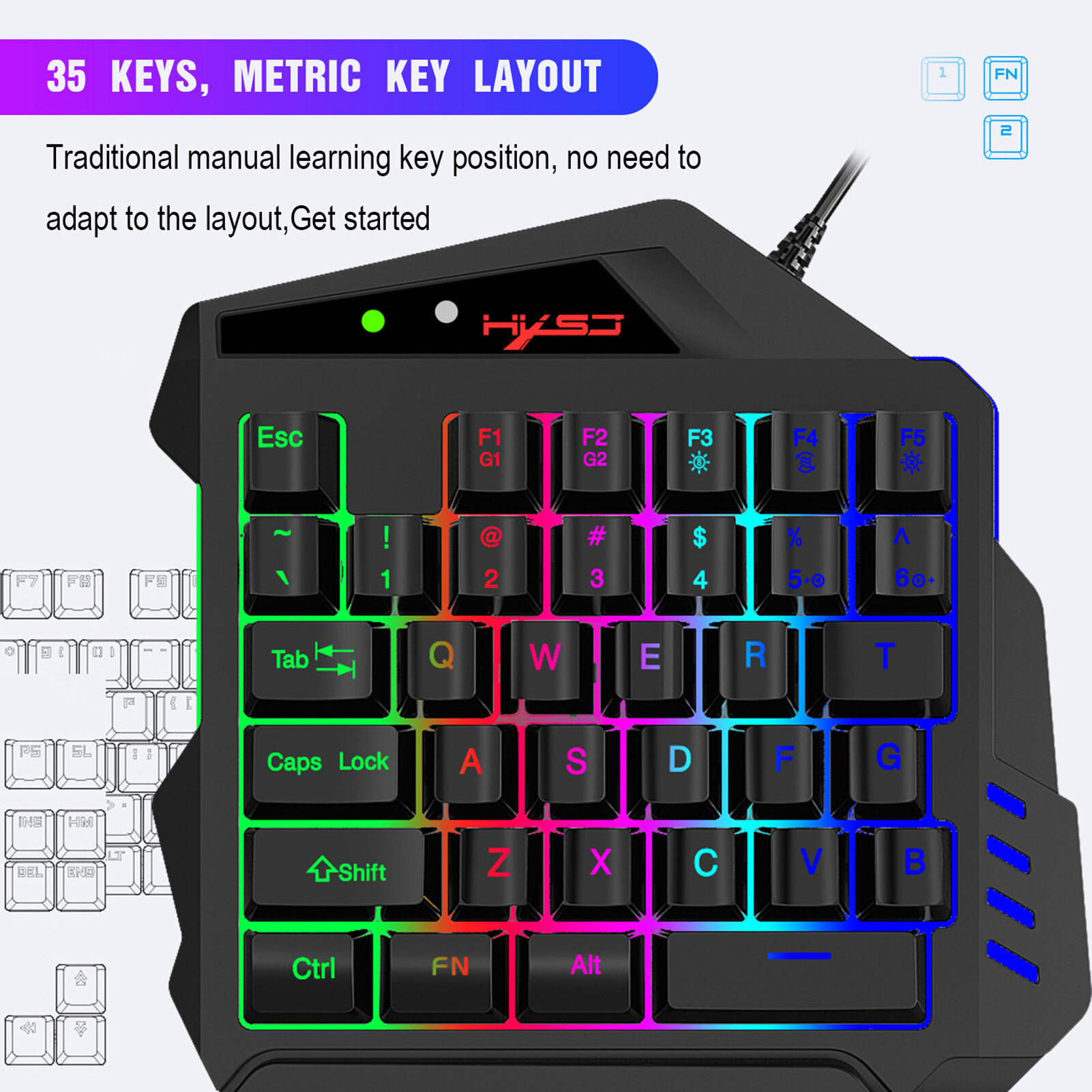 HXSJ V500 Streaming Ribbon Converter One-handed Keyboard with USB Converter Interface Flow Color Light Keyboard for PBUG Black. 