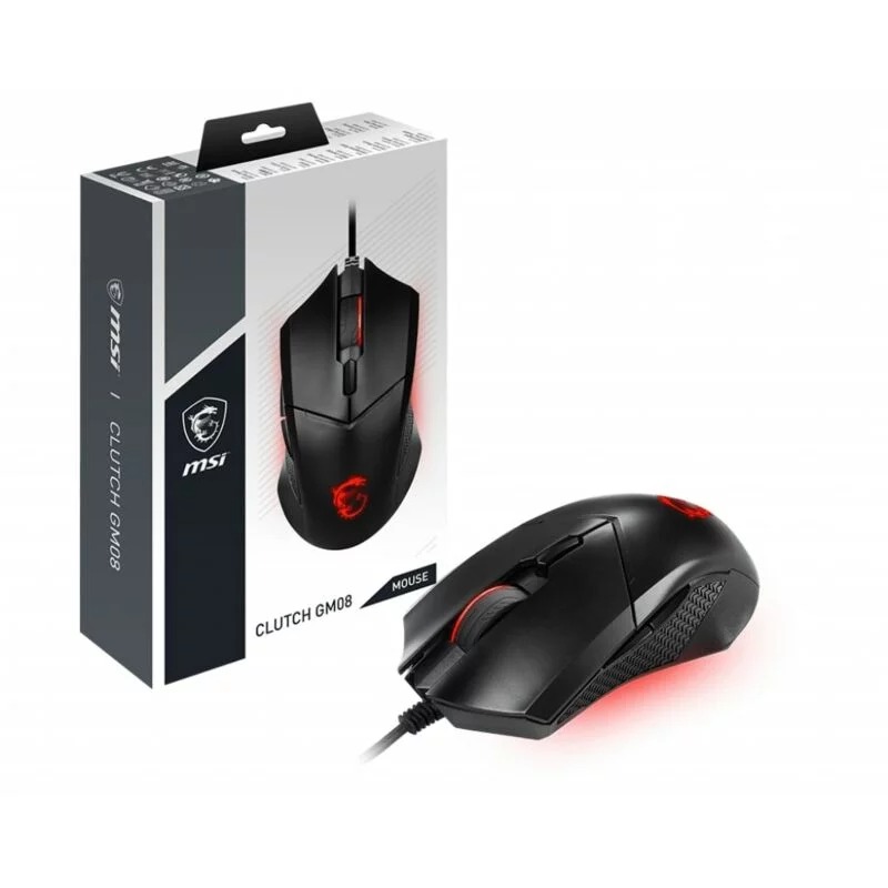 MSI Clutch GM08 Gaming Mouse, 4200 DPI, Optical Sensor, 3 Adjustable Weights, Red LED Lighting, Symmetrical Design, Black
