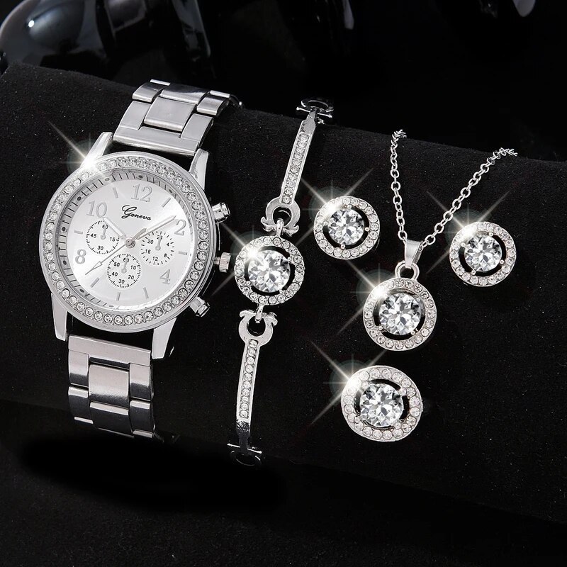【Top mobile Store】5 Piece Watch Set for Women Glamorous Ring, Necklace, Earrings and Rhinestones