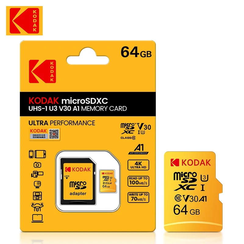 KODAK 64G Ultra Memory Card 64GB A1 U3 4K Micro SD SDHC Microsd UHS-I C10 TF Performance Flash Original Minisd with Adapter. 