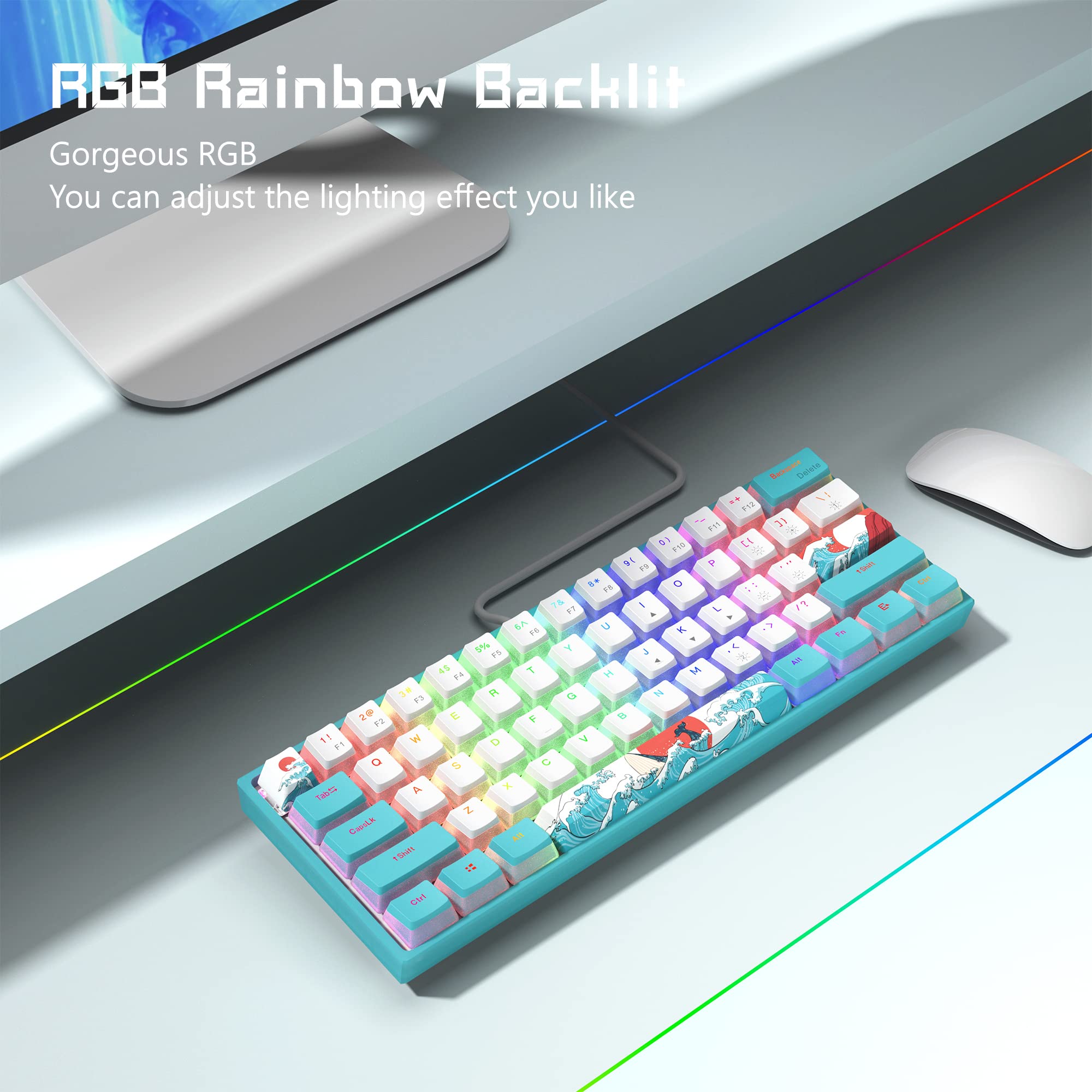 Womier WK61 Mechanical Keyboard RGB Wired Gaming Keyboard Hot-Swappable Blue Sea Theme with PBT Keycaps for Windows PC Gamers. 