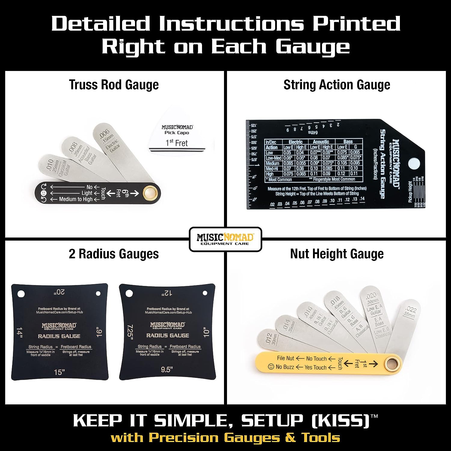 MusicNomad Precision 6 pc. Guitar Setup Gauge Tool Set - Plus 24 pg. Instructional Booklet and Storage Case (MN604). 