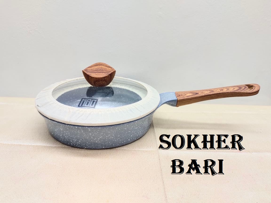 Mgc Marble Granite Non-Stick Anti Scratch Frying Pan 24Cm With Lid & Wood Handle. Deep Fry Pan With Glass Lid. C:P500. 