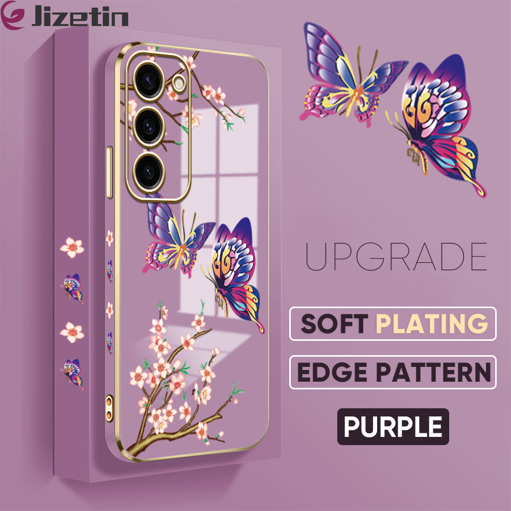 Jizetin (Free Lanyard) for Samsung S24 5G Back Cover Peach Blossom and Butterfly Luxury 6D Plating Case Side Pattern Soft Silicone Square Mobile Phone Cases