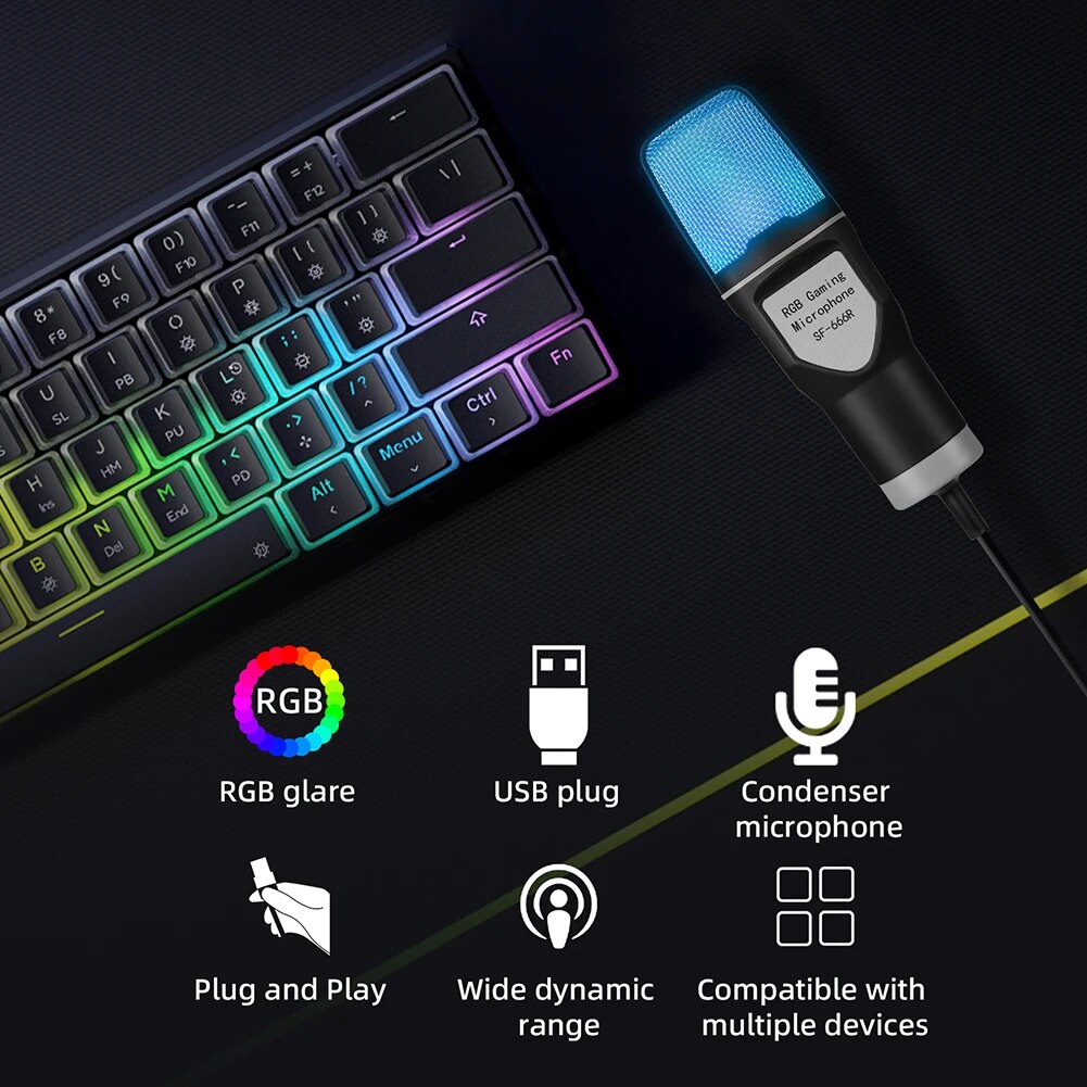 Professional Wired Microphone with Tripod Stand PC Condenser Mic RGB USB Recording Gaming Microphone for Computer Laptop Desktop. 