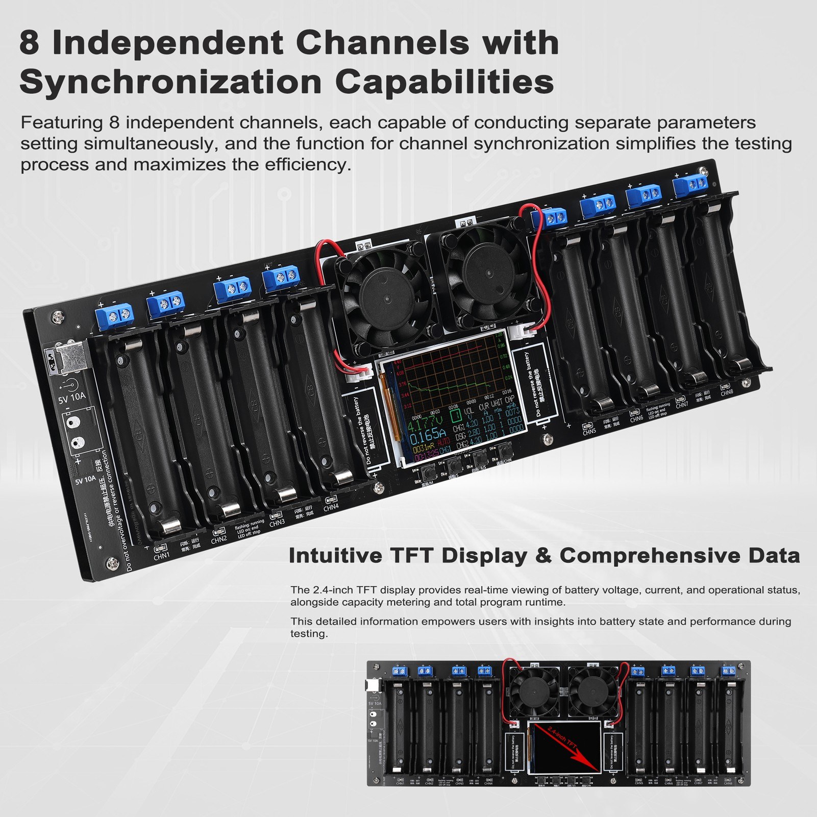 8-Channel 18650 Battery Tester 2.4inch TFT Display Battery Capacity Testing with Multi-Mode Functionality Enhanced Safety, and Intuitive Displaying. 