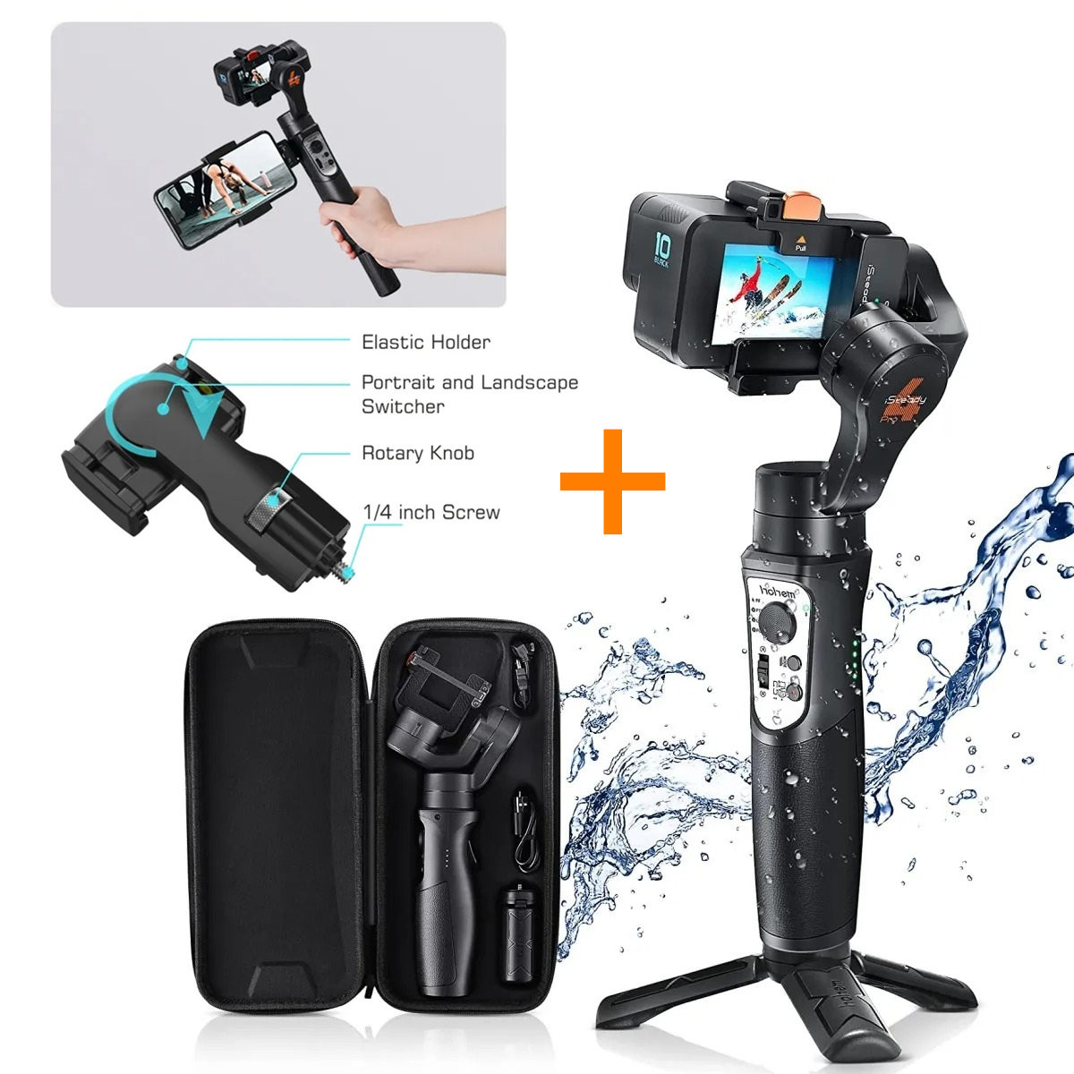 Professional 3-Axis Handheld Gimbal Stabilizer for GoPro OSMO DJ YI Cam Insta 360 Sony, Waterproof IPX4 Action Camera Tripod. 