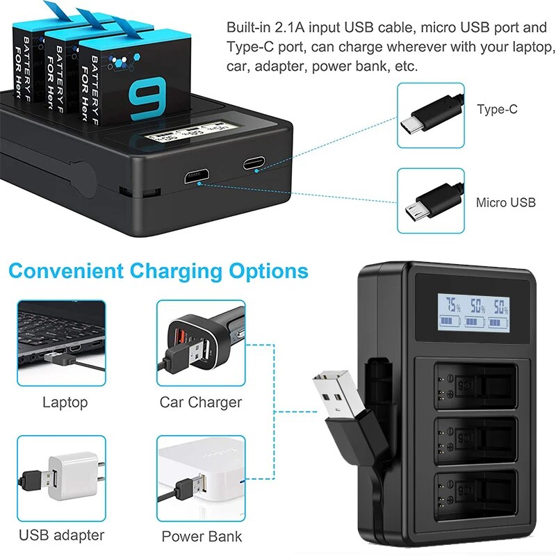 3Channel GoPro Battery Charger With USB Type C Smart Display Fast Charger For GoPro Hero 9 8 7 6 5 Black Camera Original Charger. 