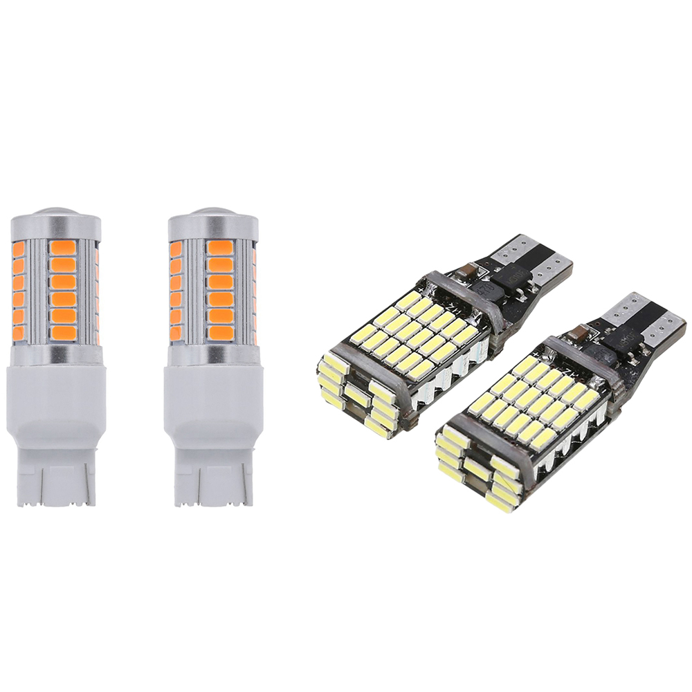 2x 7443, T20 LED Bulbs Amber Yellow 900 Lumens Turn Signals Light & 2Pcs T15 W16W LED Backup Light Bulb 920 921 912