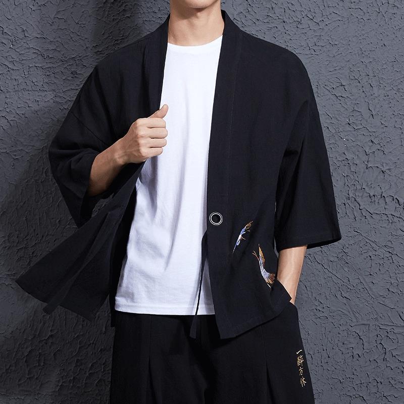 Robe Men's Style Outer Coat Suit Linen Cotton and Linen Embroidered Crane Japanese Japanese Style Kimono and Japanese Style Ukiyo-E Fashion. 