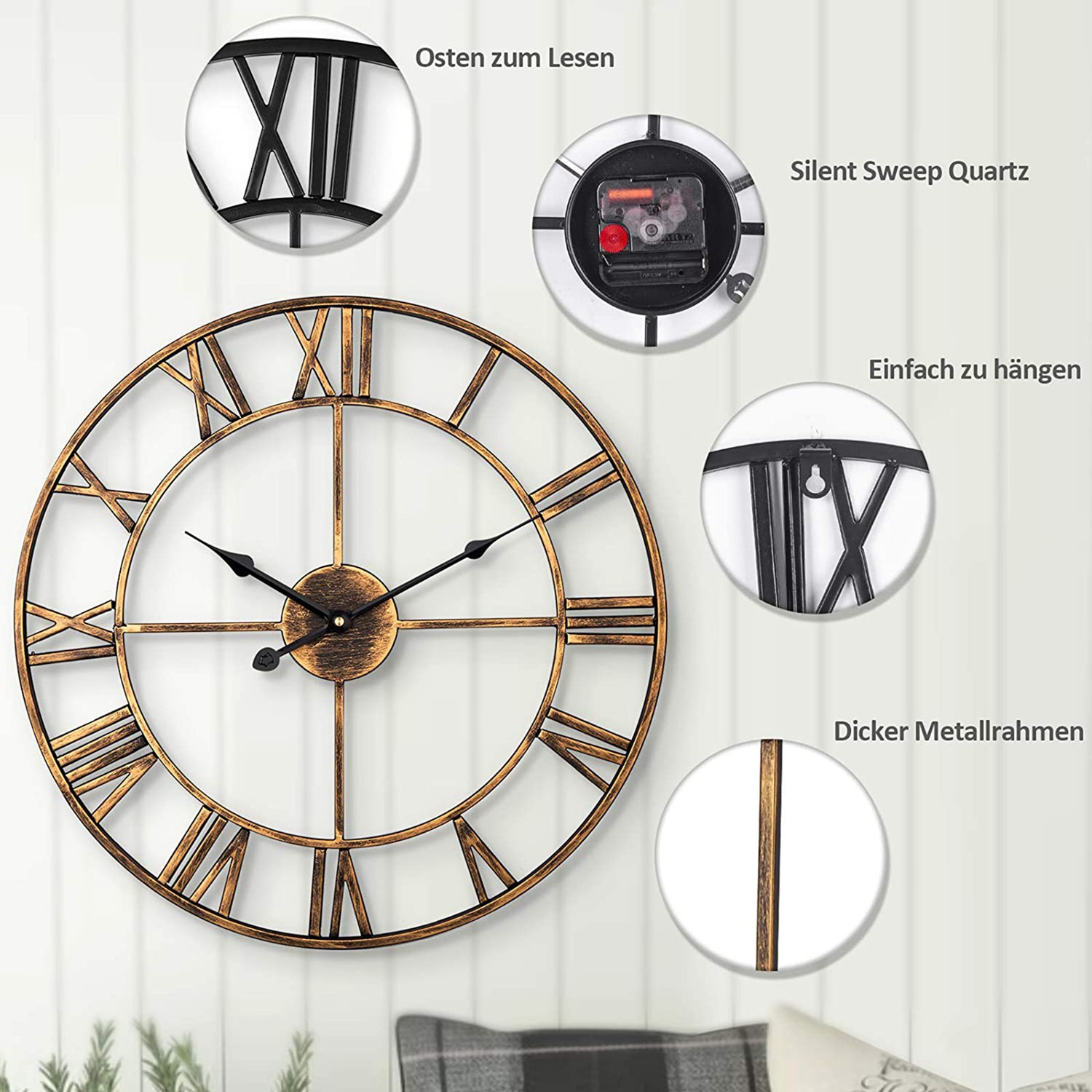 Wall Clock,Retro Analog Golden Metal Clock Ancient Roman Numeral Style Silent Quartz Movement Wall Clock for Home Decor. 