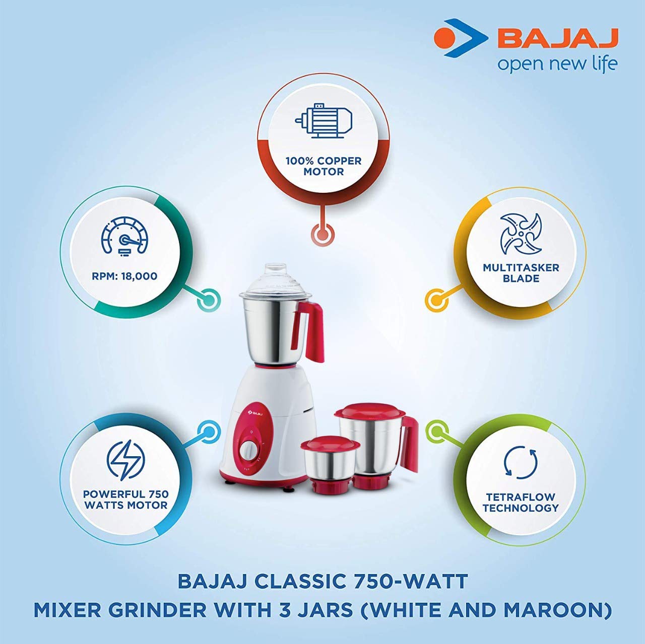 Bajaj Classic 750 Watts Mixer Grinder / Blender / Juicer. 