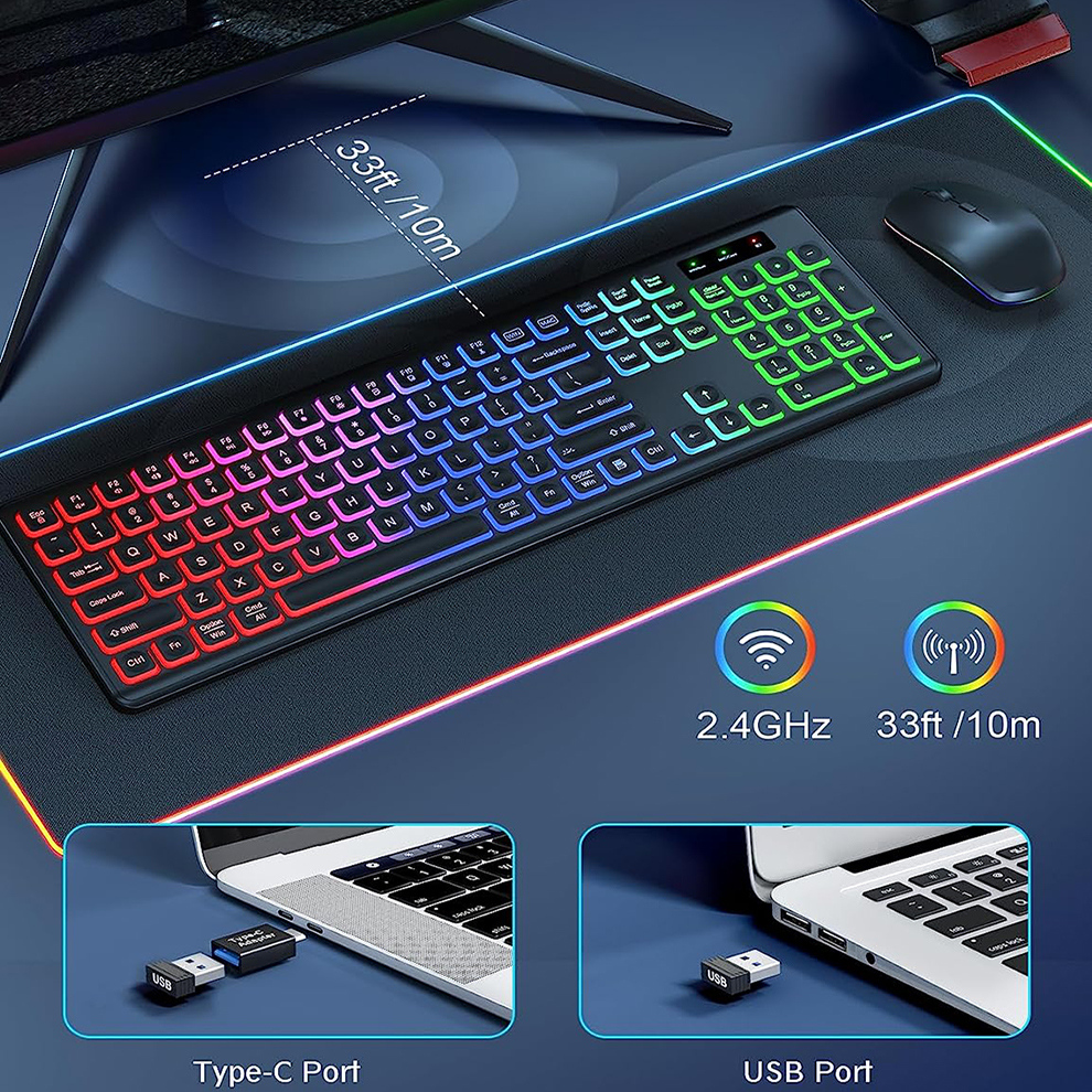 Wireless Keyboard and Mouse Combo RGB Backlit, Rechargeable Light Up Letters, Full-Size, Ergonomic, Sleep Mode, 2.4GHz. 