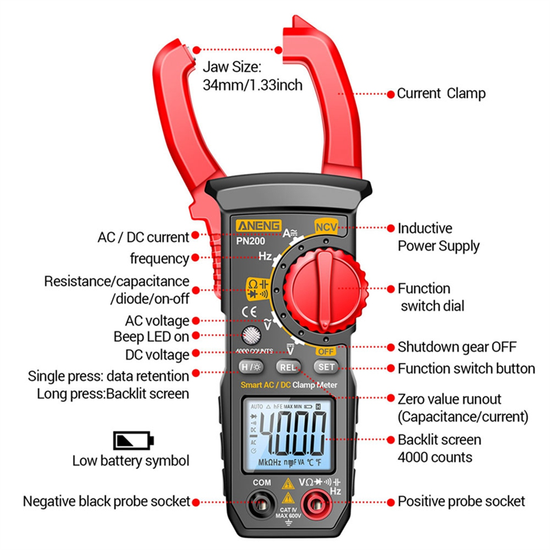 ANENG PN200 Digital Clamp Meter DC/AC 600A Current 4000 Counts.
