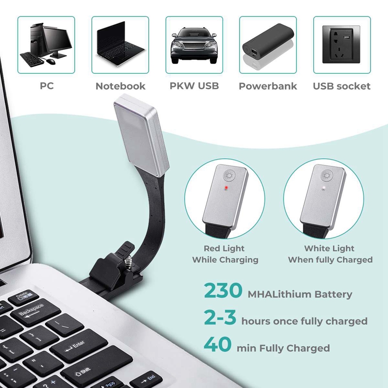 Rechargeable E-Book Led Light for Kindle Paper Usb Reading Lamp Clip. 