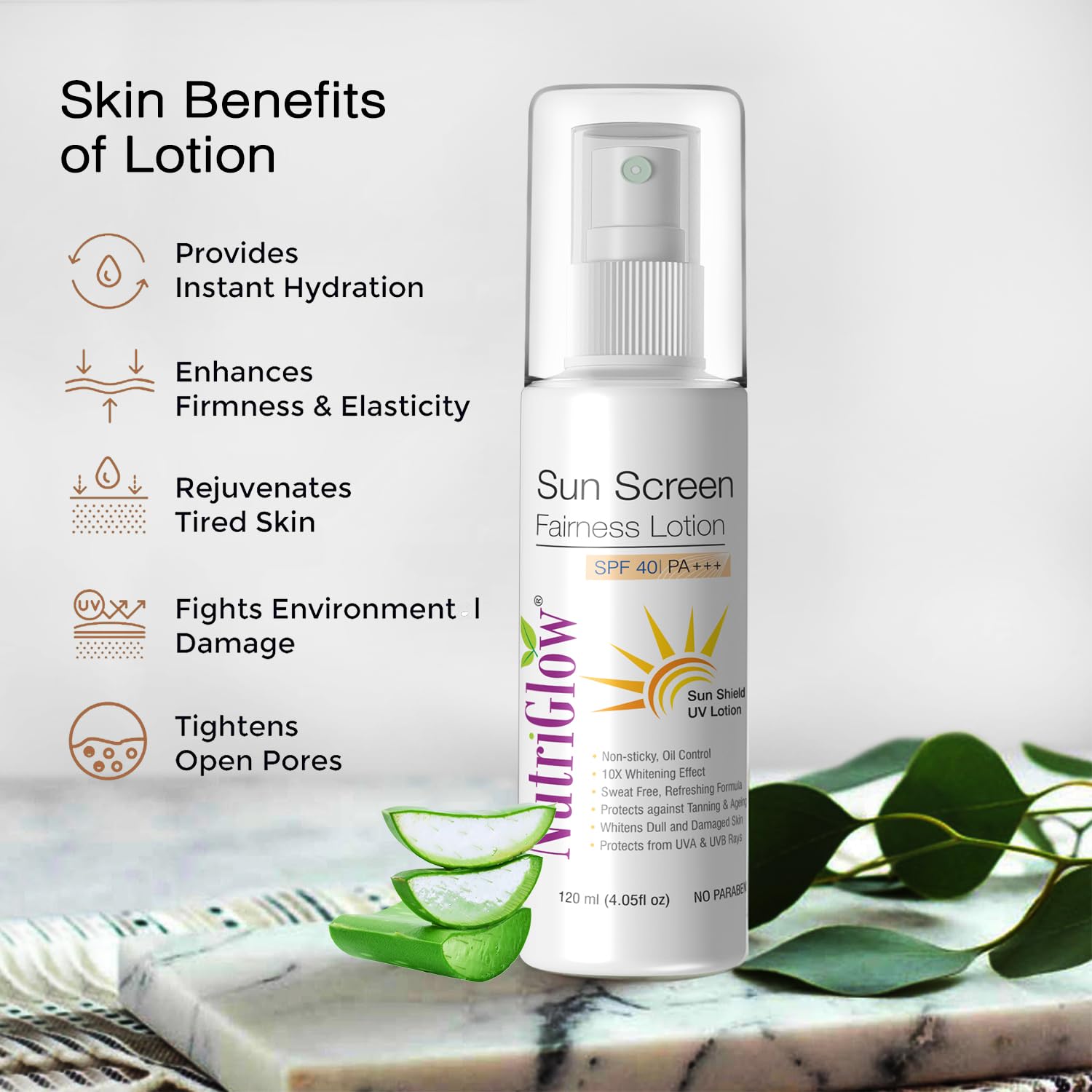NutriGlow Sunscreen Lotion SPF 40 & PA+++, Non-Greasy, with Broad Spectrum, UV A & UV B Blue Light Protection, for Men & Women Suitable for Oily, Dry, Sensitive & Combination Skin, Sulpahate Free, 120ml. 