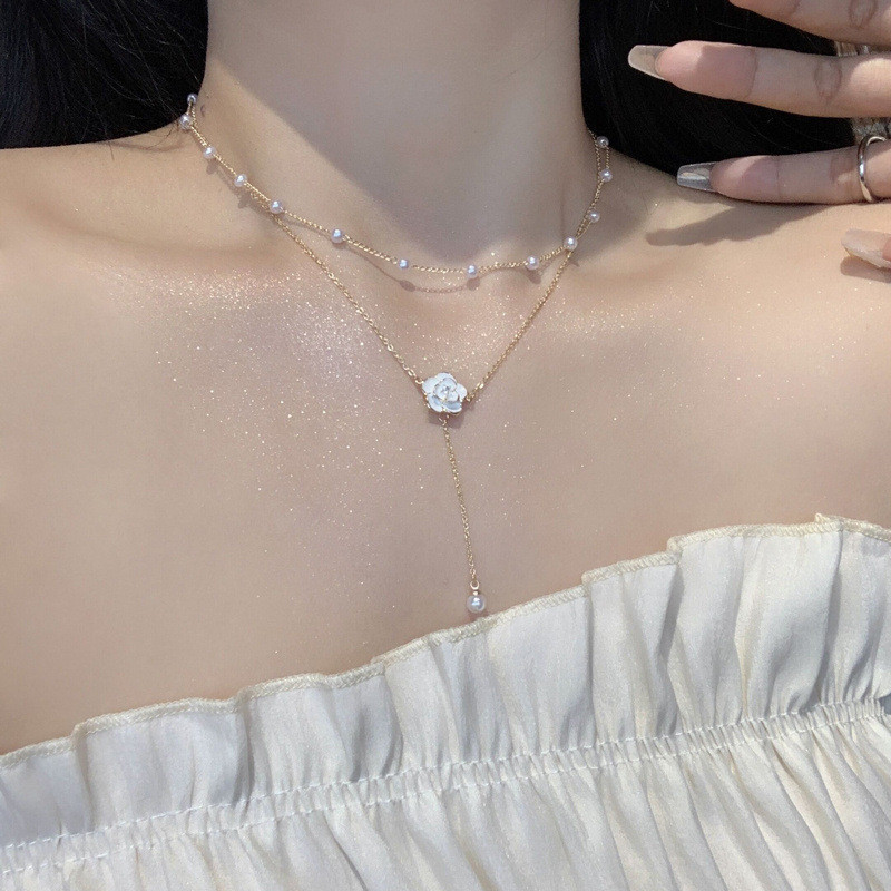Double Camellia Necklace Pearl Fringe Clavicle Chain for Women Ins Girl