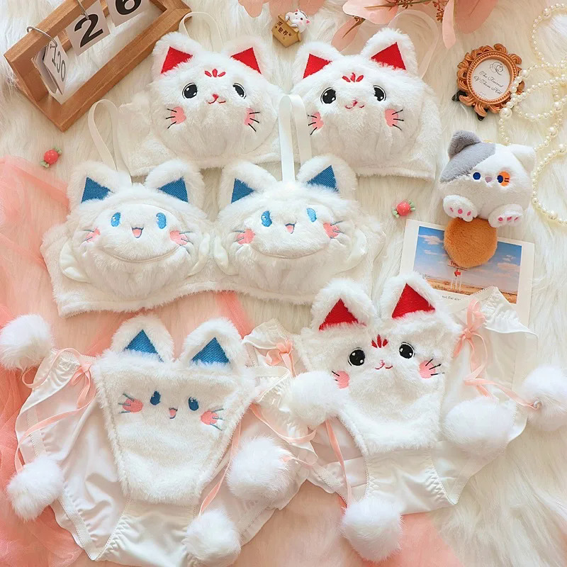 Cat fall and winter limited to cute plush underwear confortable women lingerie non-steel ring bra set to keep warm bralette. 