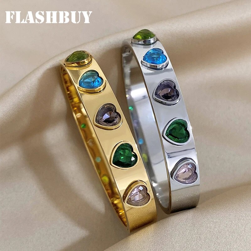 ALLYES Fashion Colored Rhinestone Zircon Stainless Steel Bangles Bracelets for Women Gold Color Waterproof Jewelry Gift. 