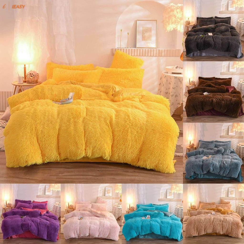 pengwei 4pcs/set Colorful Fluffy Bedding Set Long Plush Quilt Cover Bed Sheet Pillowcase Set