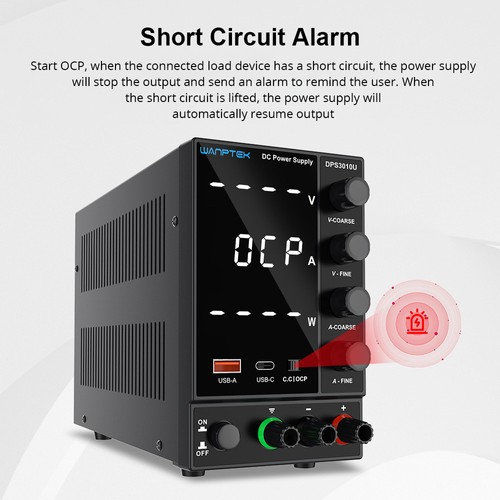 WANPTEK DPS3010U Solid-state Adjustable Regulated DC Power Supply, 30V 10A, Encoder Adjustment, USB Type-C Fast Charge, 4-Digit Display, Low Ripple, Low Noise, Cooling Fan Black - UK Plug. 