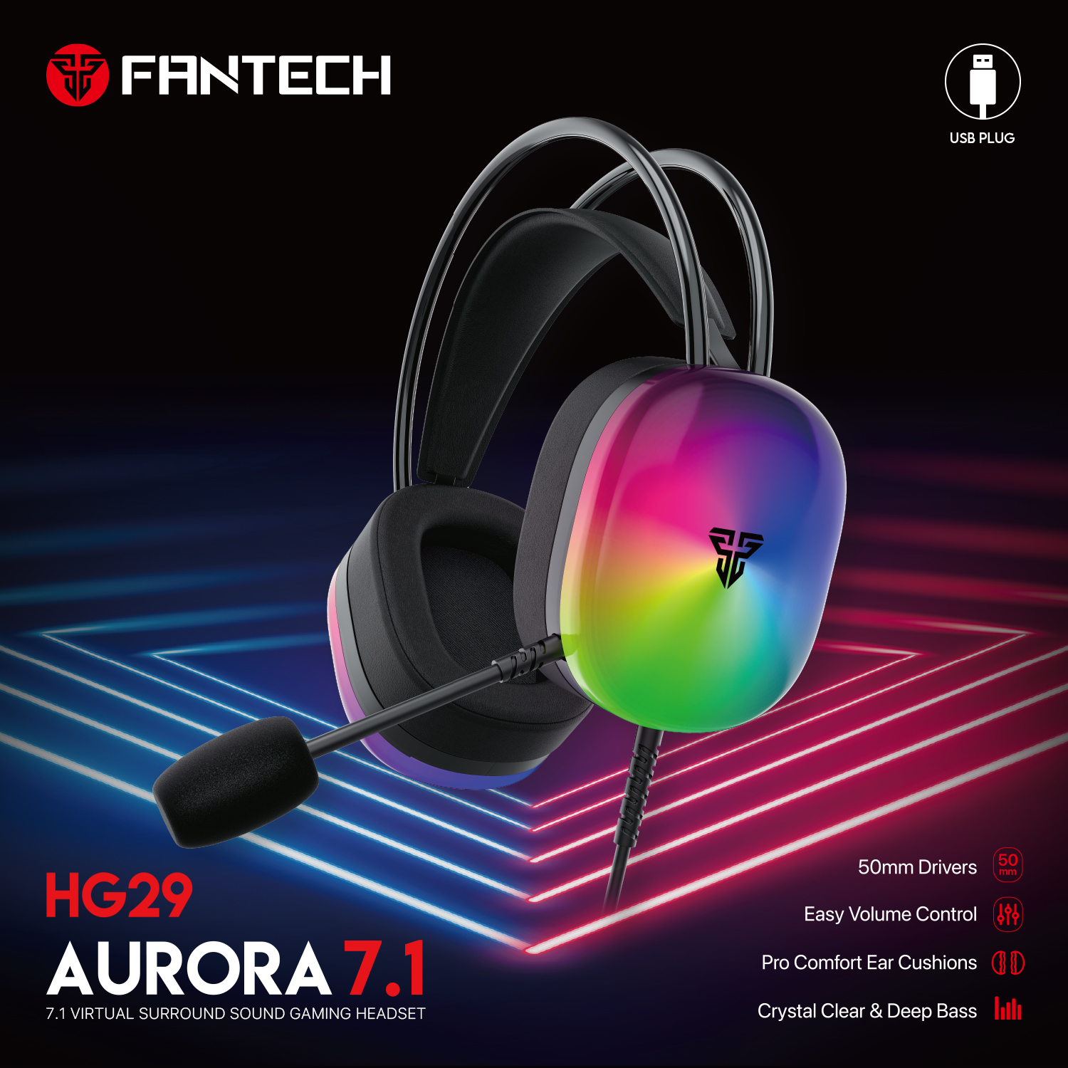 FANTECH HG29 Aurora USB 7.1 Surround Sound Gaming Headset RGB Lightning