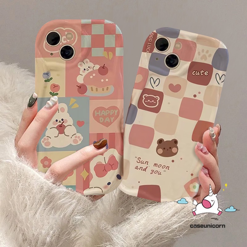 Colored Plaid Bear Rabbit Case For Realme C53 C35 9i 11 5 6i C15 C12 C25 C17 8i 5i 7 5s C11 C17 C55 C51 C30 C25Y C21 C25s C20 C31 C21Y C33 C3 Bunny Doodle 3D Soft Cover