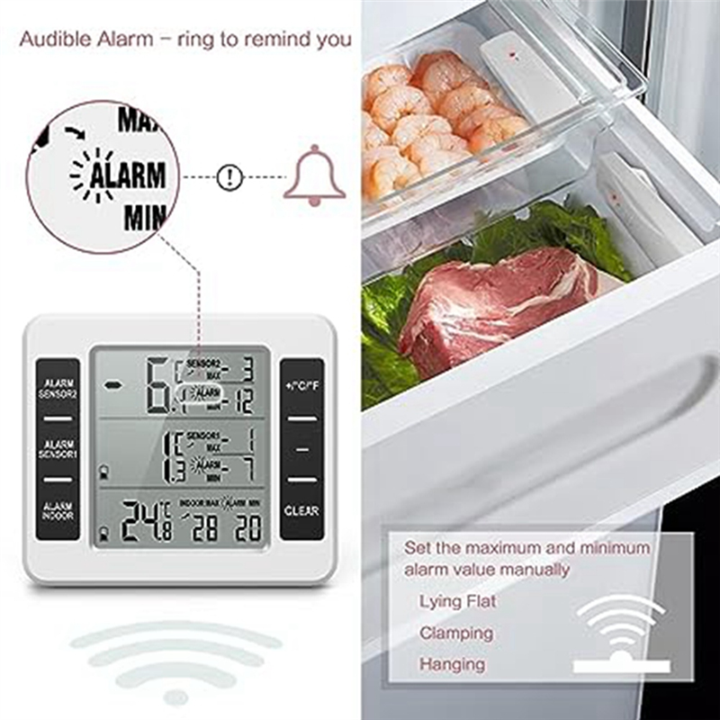 Wireless Refrigerator Thermometer Digital Freezer Thermometer Temperature Monitor with 2 Sensors for Indoor Outdoor Easy to Use. 