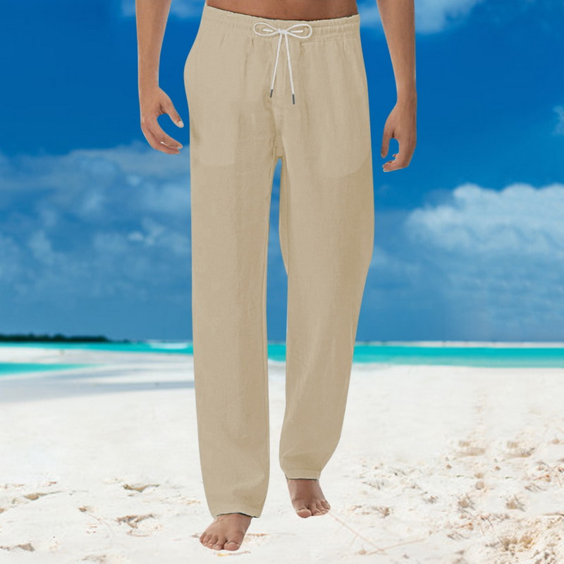 Casual Men's Drawstring Straight Pants Loose Cotton Linen Trousers Beach  Pants 